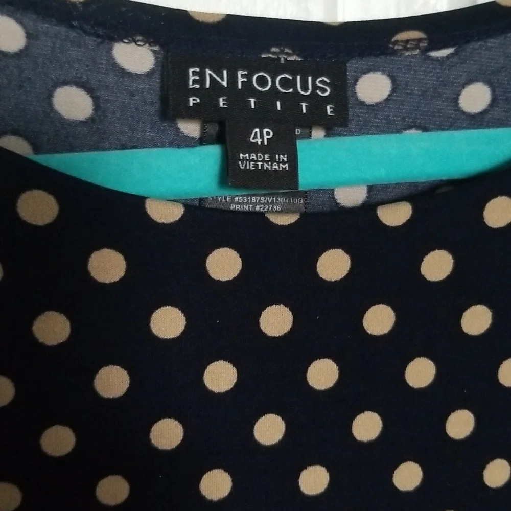 Enfocus Studio 4P Navy Blue and Khaki polka dot fit-to-flare dress. - Picture 4 of 8